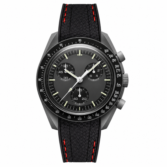 Chronograph watch with black dial and black rubber strap with red stitching detail