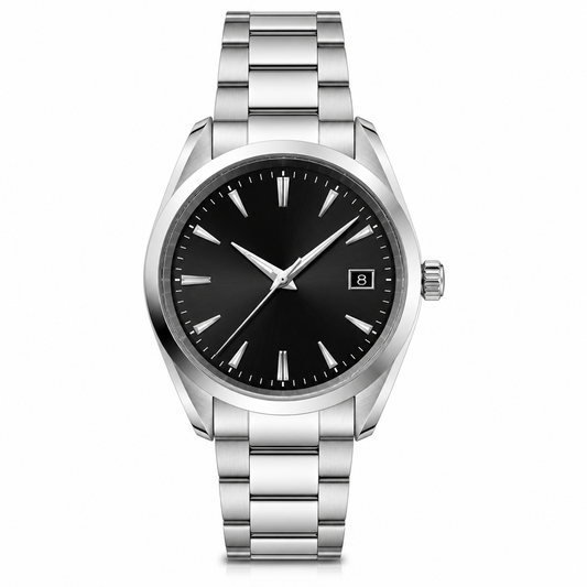 Classic stainless steel watch with black dial and date function