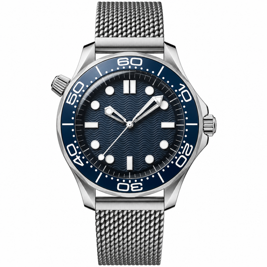 Blue Dial Stainless Steel Dive Watch 42mm on metal mesh bracelet