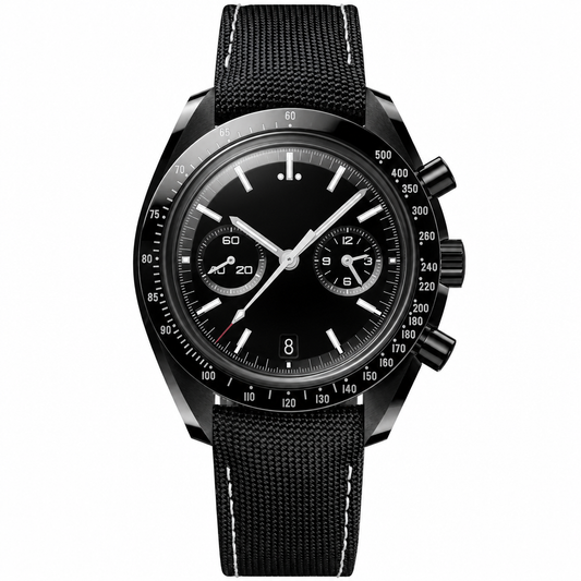 Black chronograph watch with black fabric strap and white stitching on a white background