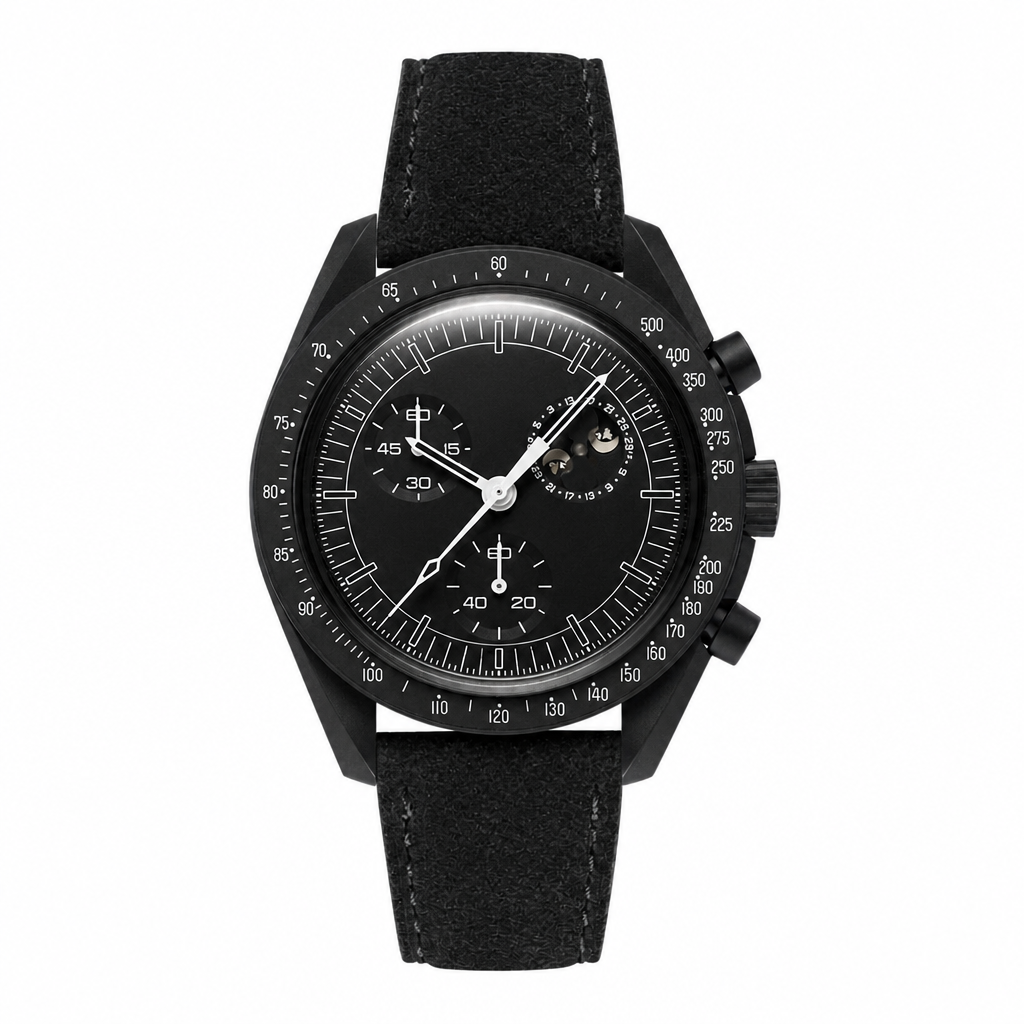 Black moon phase watch with black suede strap on white background
