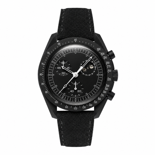 Black moon phase watch with black suede strap on white background