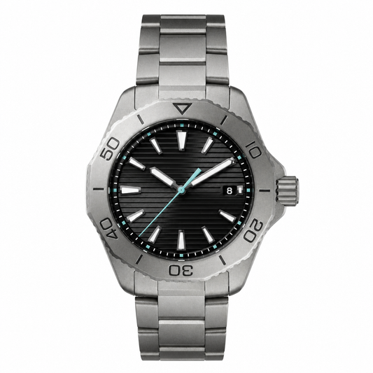 Sport diver style watch with black dial, luminous markers, stainless steel bracelet, and unidirectional bezel