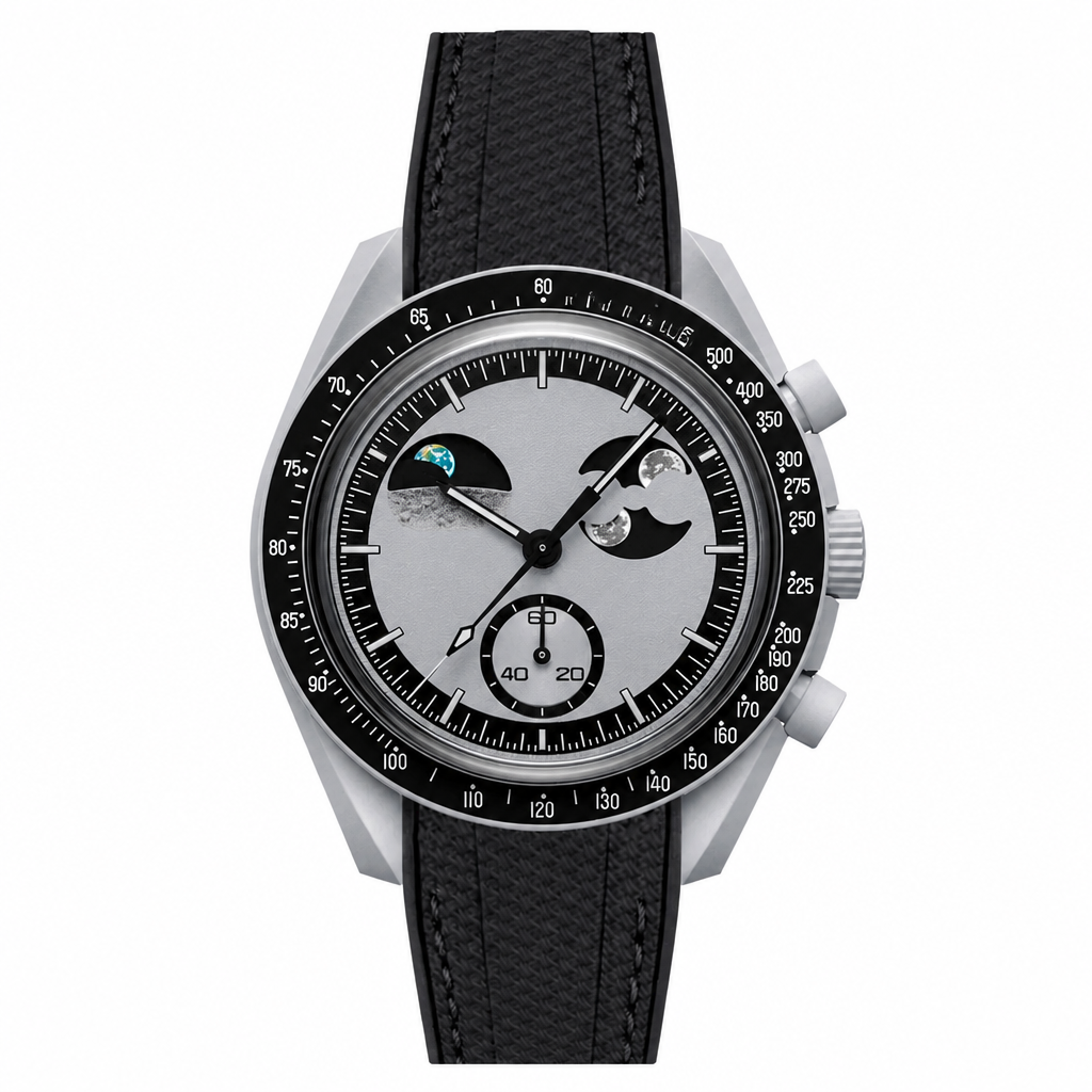 Chronograph watch with silver metal case, gray dial with moon phase, and black rubber strap