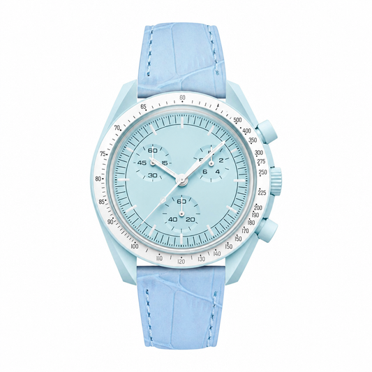 Light Blue Chronograph Watch with Leather Strap on white background
