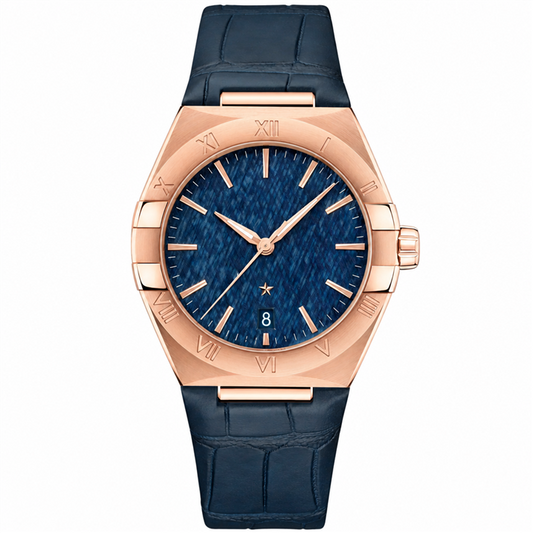 Men's dress watch with blue dial and rose gold tone case on blue leather strap