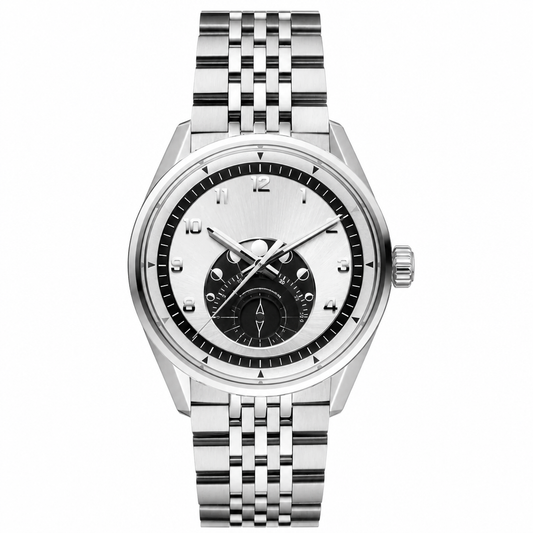 Classic silver-tone stainless steel watch with silver dial and black subdials