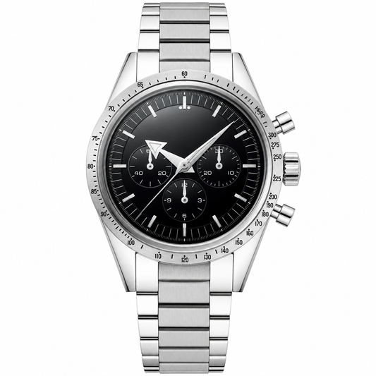 Silver stainless steel chronograph watch with black dial and metal bracelet on white background