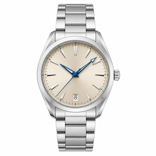 Classic stainless steel wristwatch with beige dial and silver bracelet