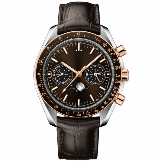 Leather strap watch with brown dial and rose gold-tone bezel 44mm