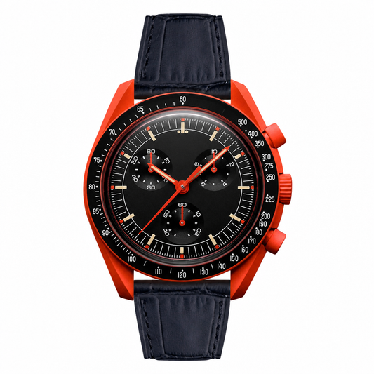 Chronograph watch with red metal case and black leather strap