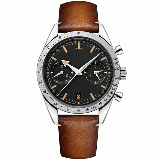 Men's chronograph watch with black dial and brown leather strap 41mm