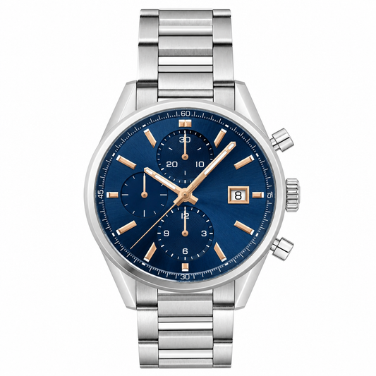 Chronograph watch with blue dial and stainless steel bracelet on white background