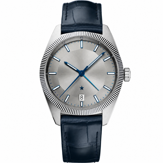 Calendar Dress Watch Silver Blue Leather 41mm product photo