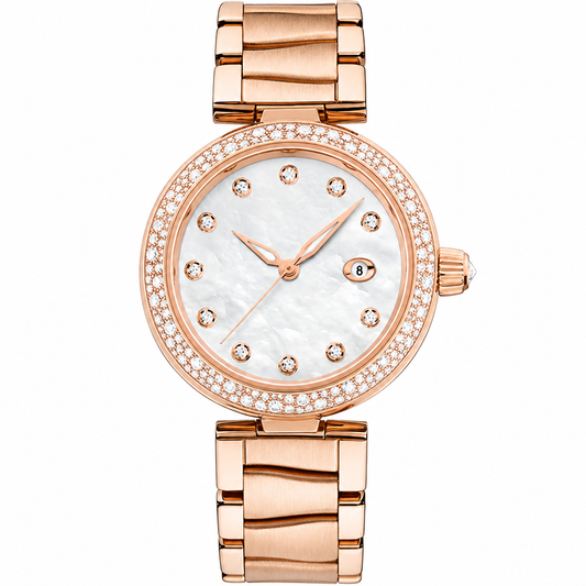 Women's rose gold tone dress watch 34mm with mother-of-pearl dial and crystal markers