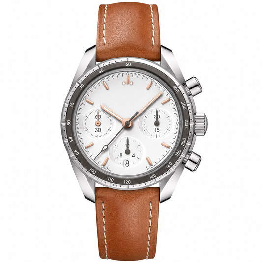 Chronograph watch with white dial and brown leather strap