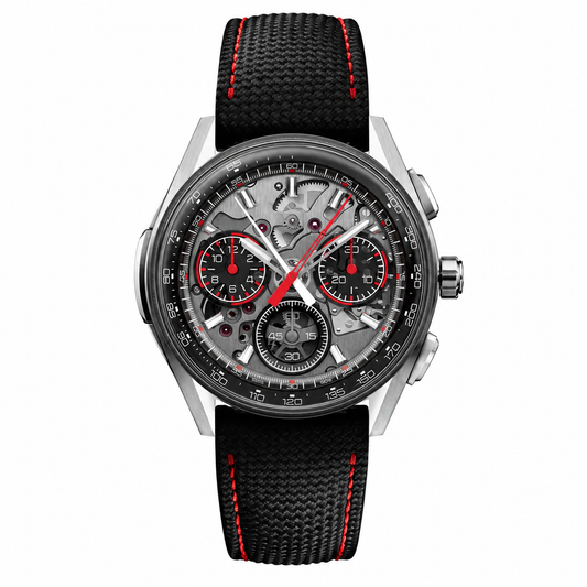 Sport chronograph watch with black textile strap and red stitching on white background