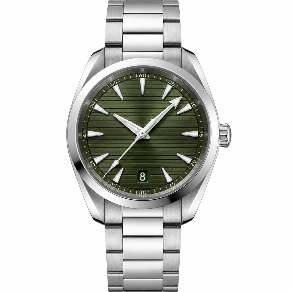 38mm watch with green dial and silver metal bracelet on white background