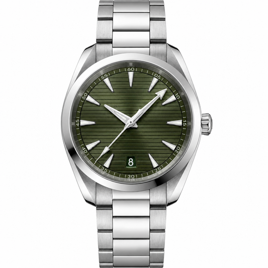 38mm watch with green dial and silver metal bracelet on white background