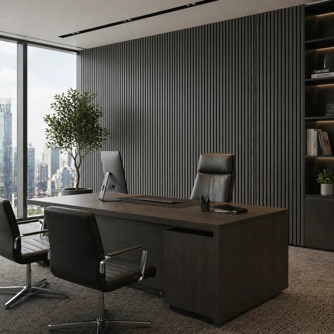 Office with acoustic wood slat panels